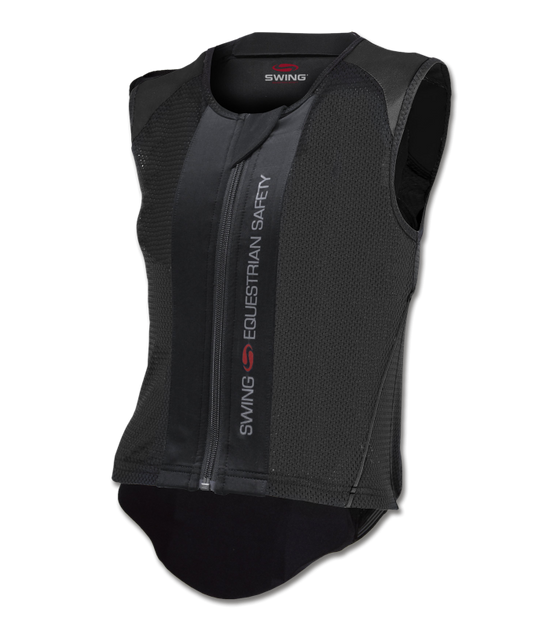 Adult rider wearing SWING P06 Flexible Back Protector demonstrating mobility and comfort