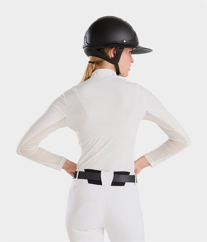 Lightweight riding top with offset collar