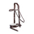 Brown dressage bridle with white padding and patent leather