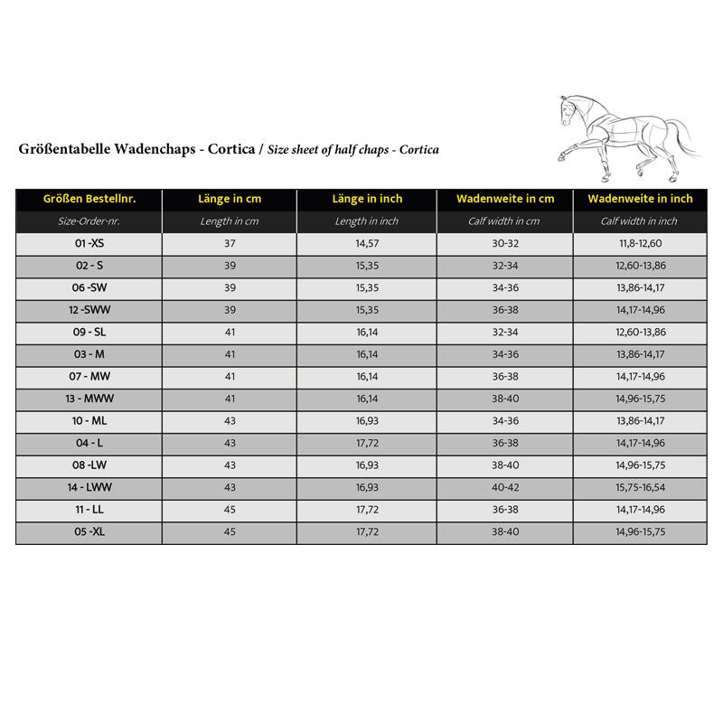 Kavalkade chaps size chart