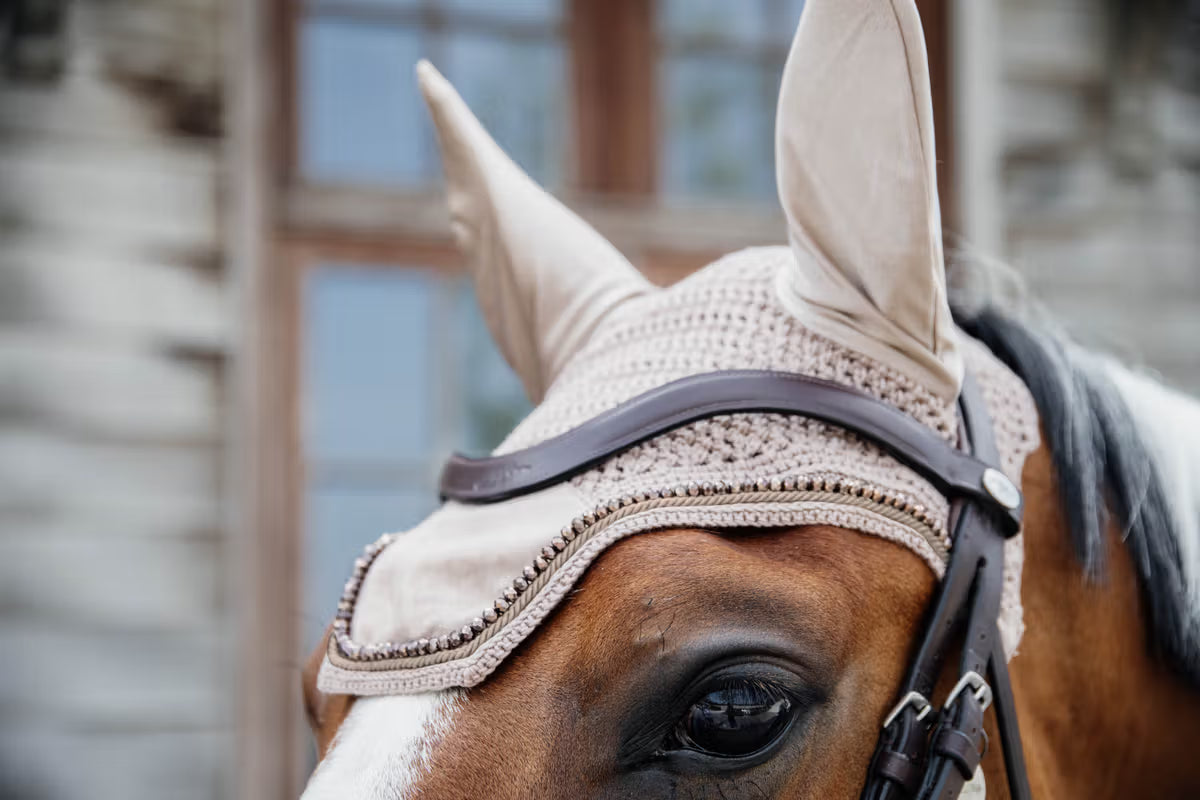 elegant velvet pearl ear bonnet for horses with slim-fit stretchy ears beige