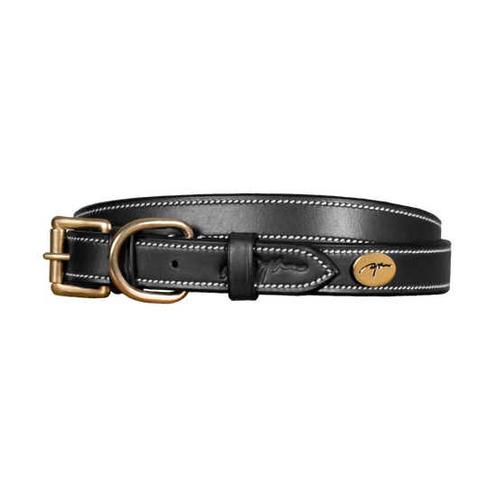 High quality black leather dog collar with cream stitching