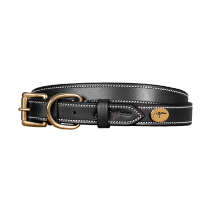 High quality black leather dog collar with cream stitching