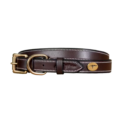 Brown leather dog collar with gold buckle and cream stitching from Dy&