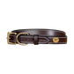 Brown leather dog collar with gold buckle and cream stitching from Dy&