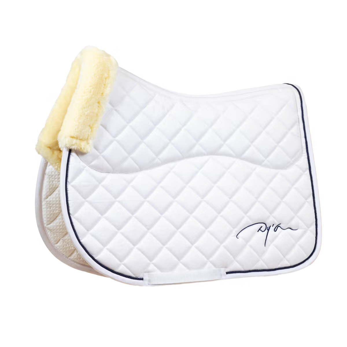 White saddle blanket with sheepskin on underside