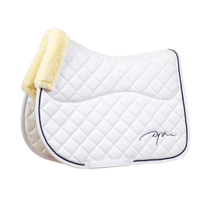 White saddle blanket with sheepskin on underside