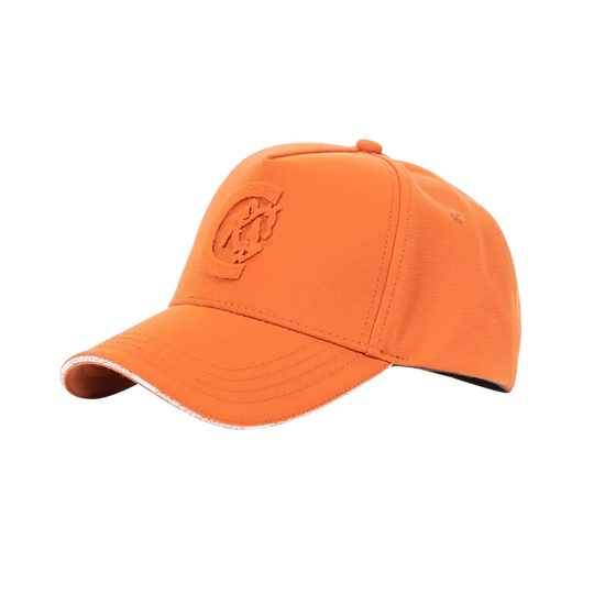 orange baseball cap