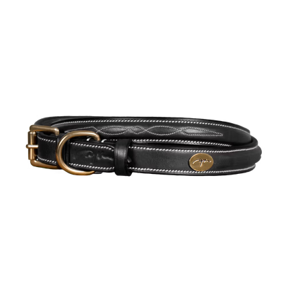 Black leather dog collar with gold hardware and cream stitching