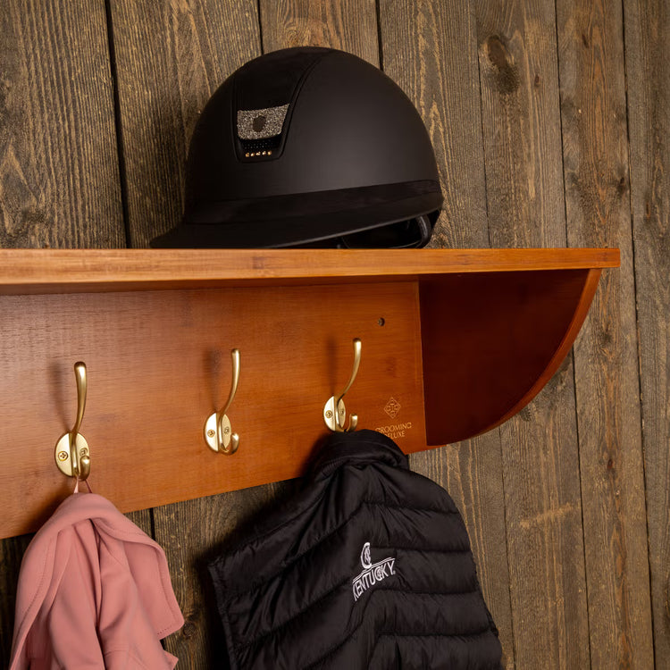 Equestrian helmet shelf with storage hooks