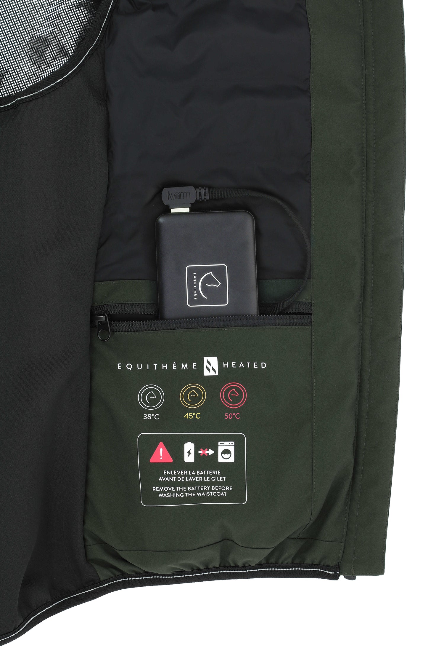 Close-up of a heated jacket with battery and control panel details 