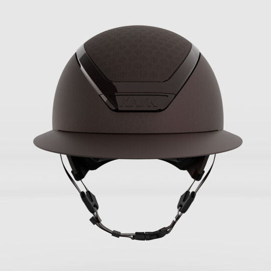 Brown equestrian helmet with wide peak