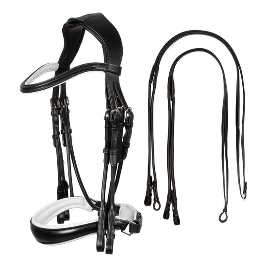 Anatomic double bridle in black with white padding with reins included