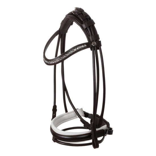 Brown dressage bridle with white noseband