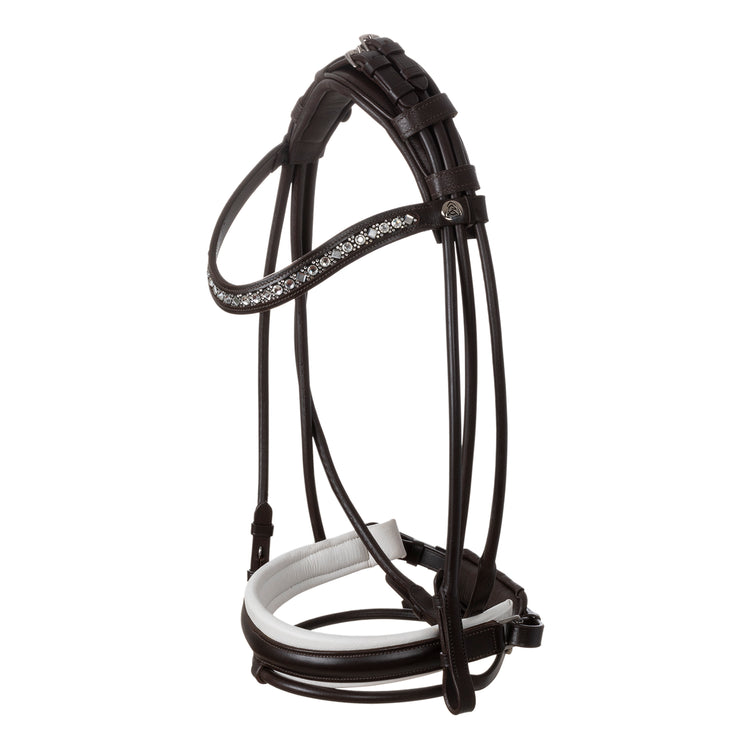Brown dressage bridle with white noseband