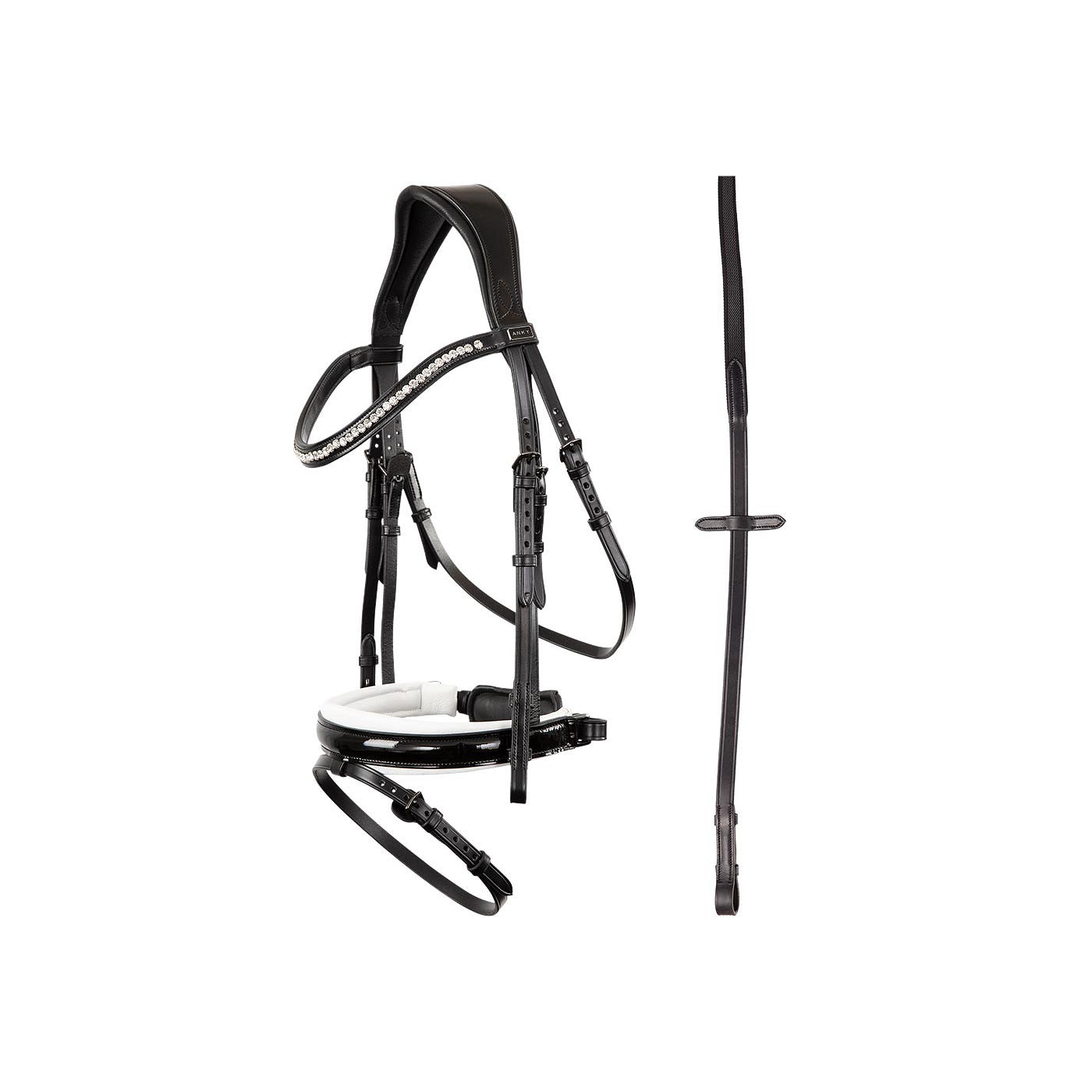 Dressage Bridle with white padding, patent noseband and anatomic headpiece