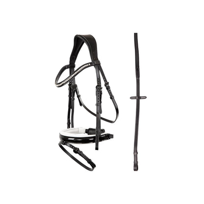 Dressage Bridle with white padding, patent noseband and anatomic headpiece