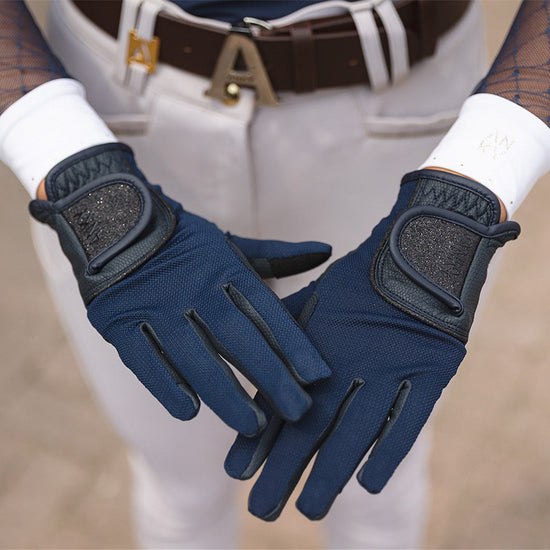 Equestrian riding gloves navy with glitter