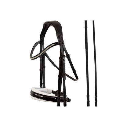 Double bridle with white padding and patent noseband