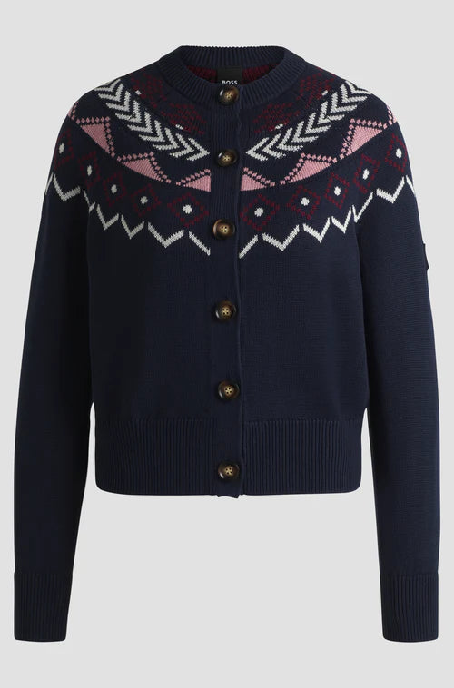 BOSS Equestrian Cardigan with Norwegian print in navy blue