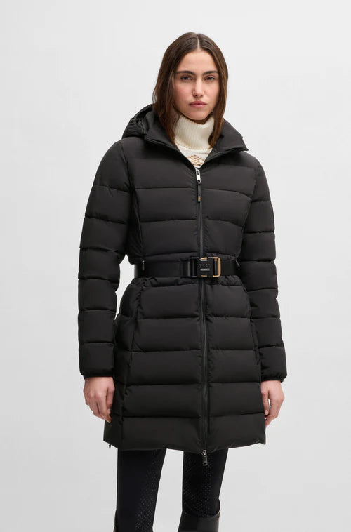 Mid-length black equestrian coat with side zippers