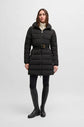 Black winter puffer jacket with gold belt