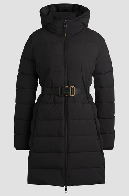 Long black padded riding coat with high collar and detachable hood