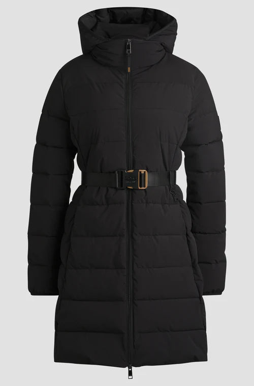 Long black padded riding coat with high collar and detachable hood