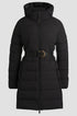 Long black padded riding coat with high collar and detachable hood
