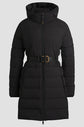 Long black padded riding coat with high collar and detachable hood