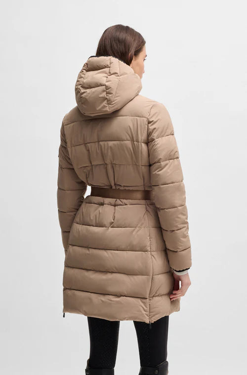 Beige puffer coat with hood and belt
