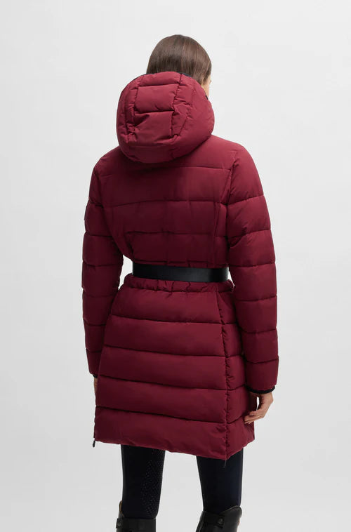 Back view of Boss equestrian winter puffer coat in bordeaux