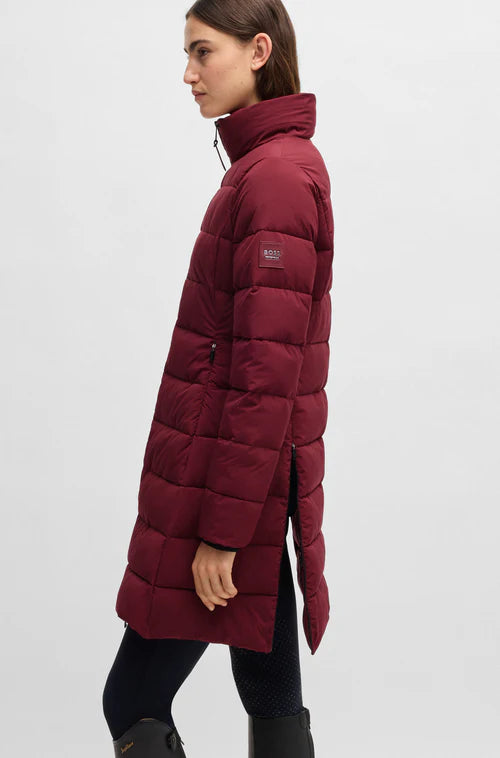 Equestrian winter puffer jacket with side zips in burgundy