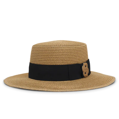 Tan straw hat with a black band and brown Boss Equestrian logo