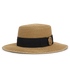 Tan straw hat with a black band and brown Boss Equestrian logo