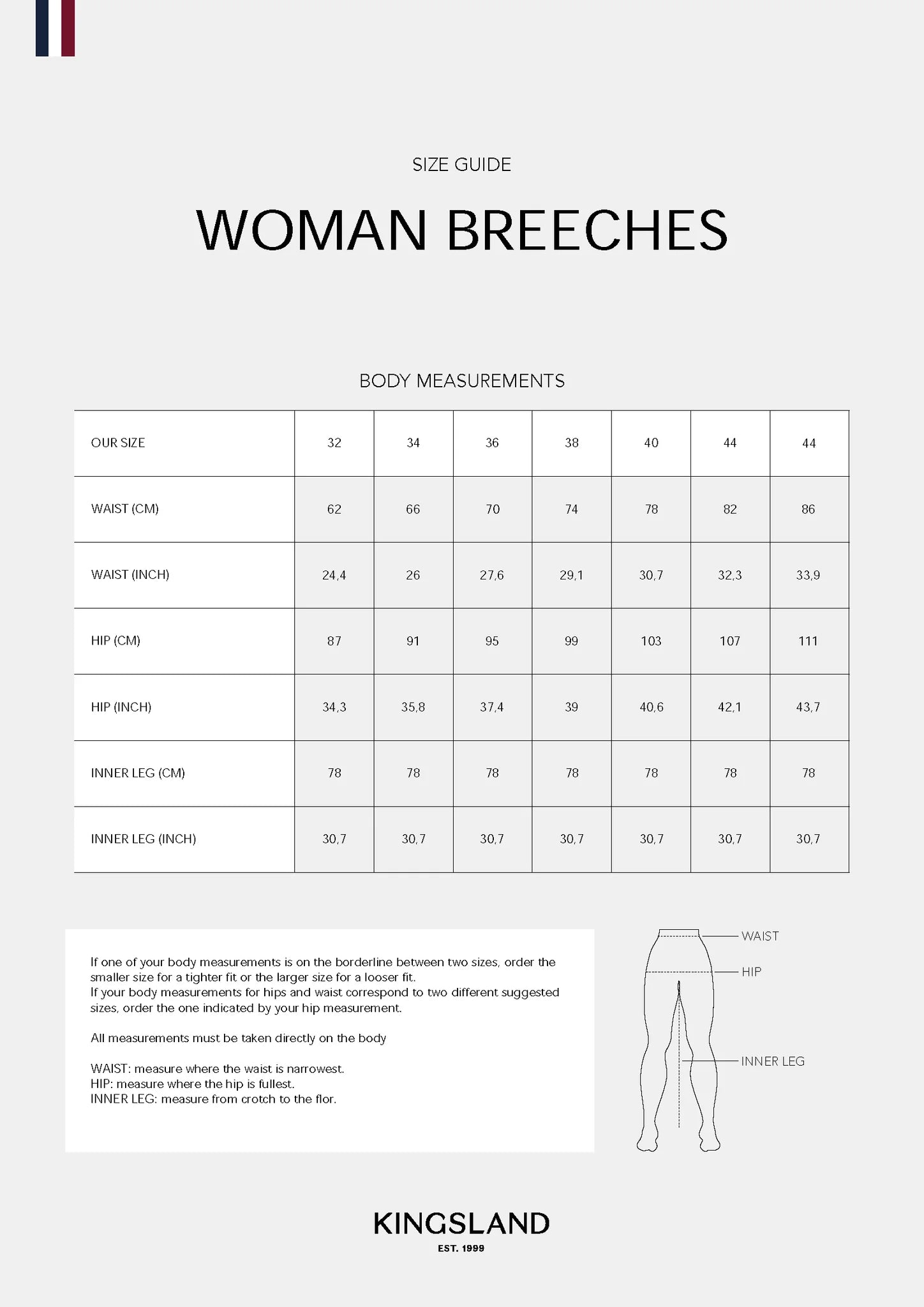 Kingsland breeches size chart