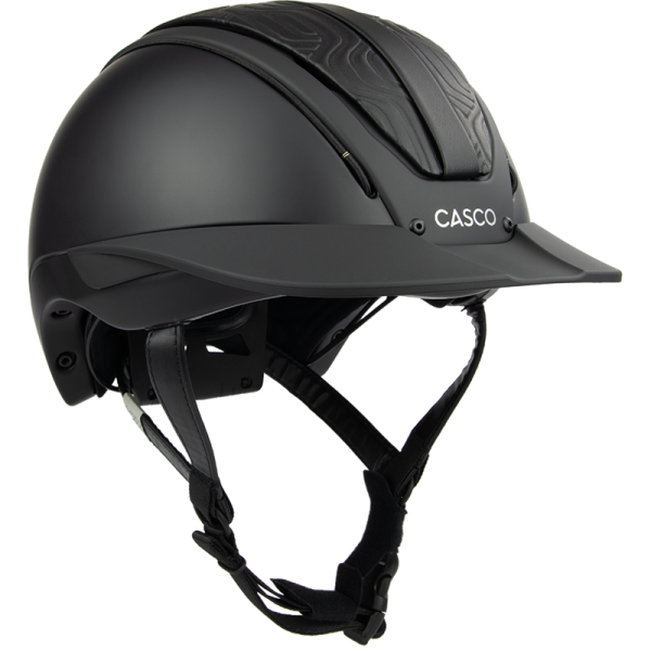 Riding helmet with wide visor and ventilation black