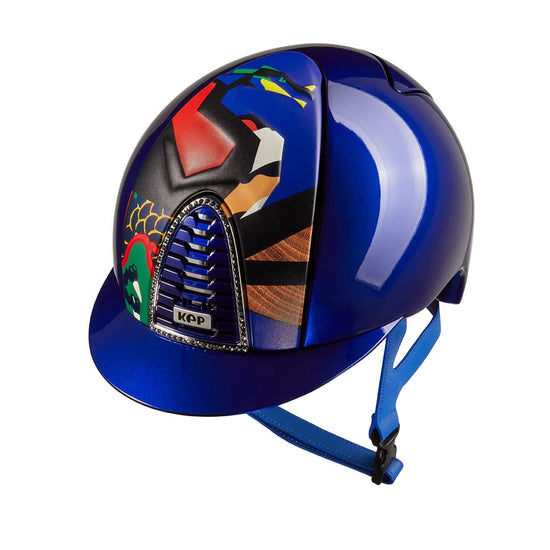 Bright blue equestrian helmet