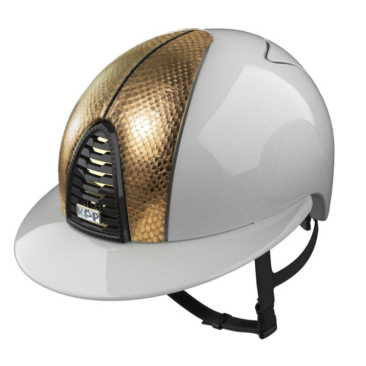 White helmet with polo peak and gold details