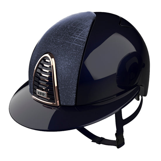 Luxurious blue horse riding helmet with rose gold