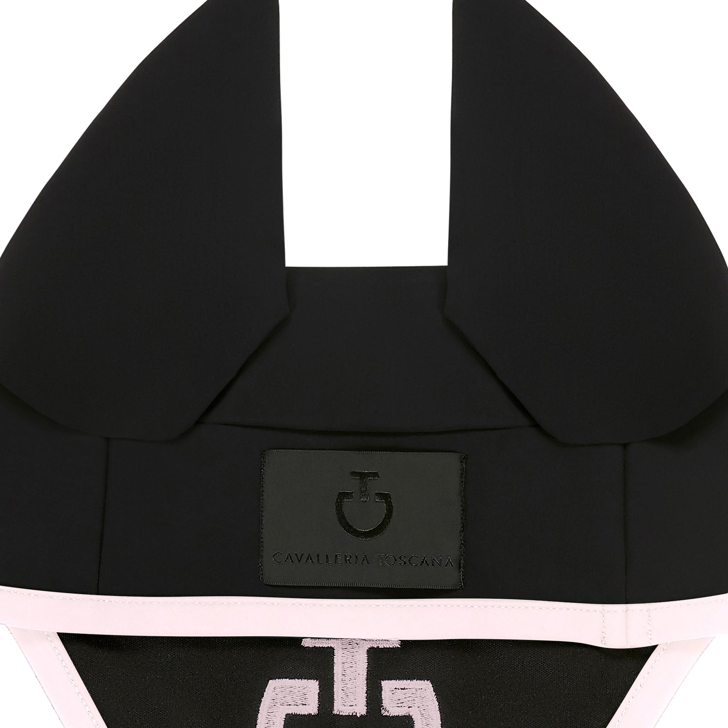 CT fly bonnet in black with light pink edging and logo