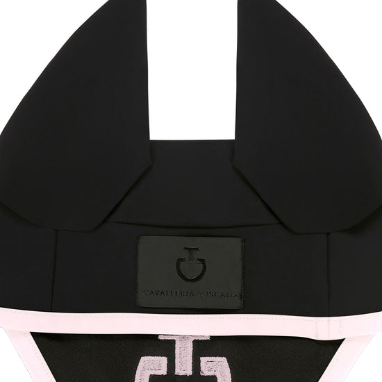 CT fly bonnet in black with light pink edging and logo