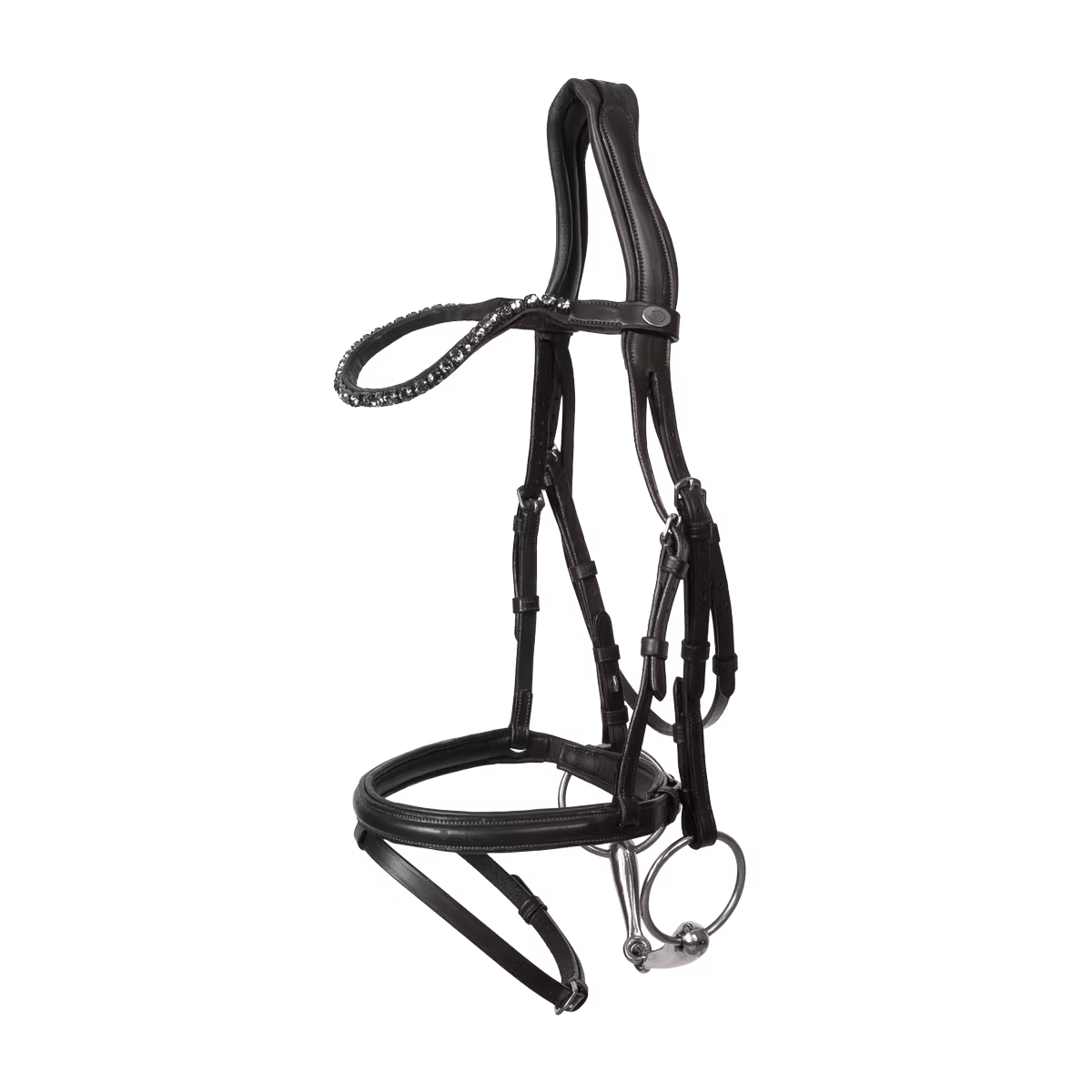 Horse wearing anatomical leather bridle with flash noseband