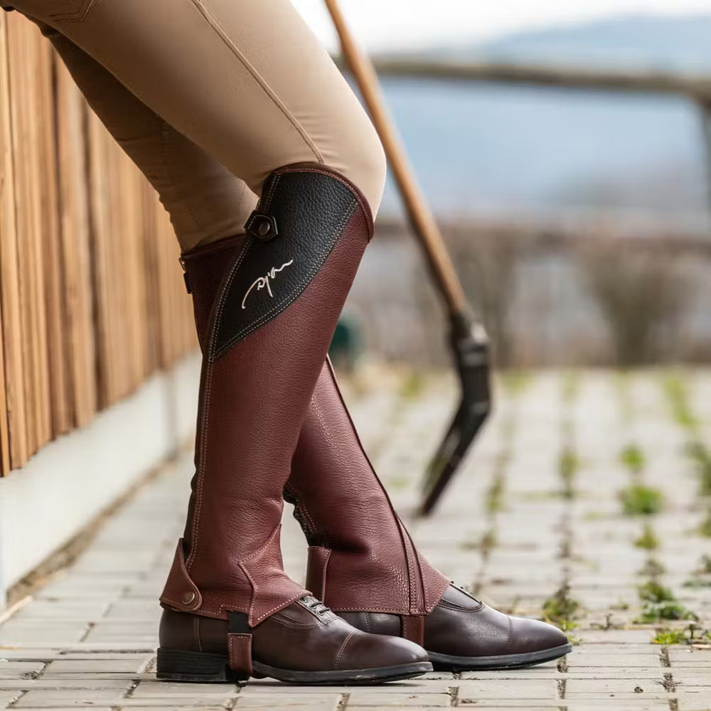 Unique under-knee elastic strap and foot strap with leather overlay