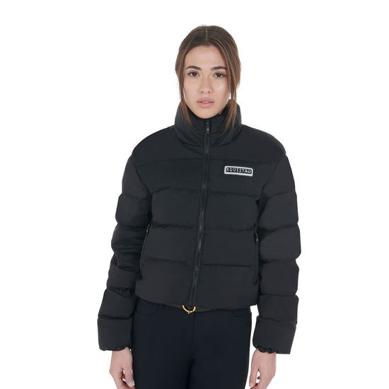 Equestro cropped down riding jacket in black with stretch technical fabric
