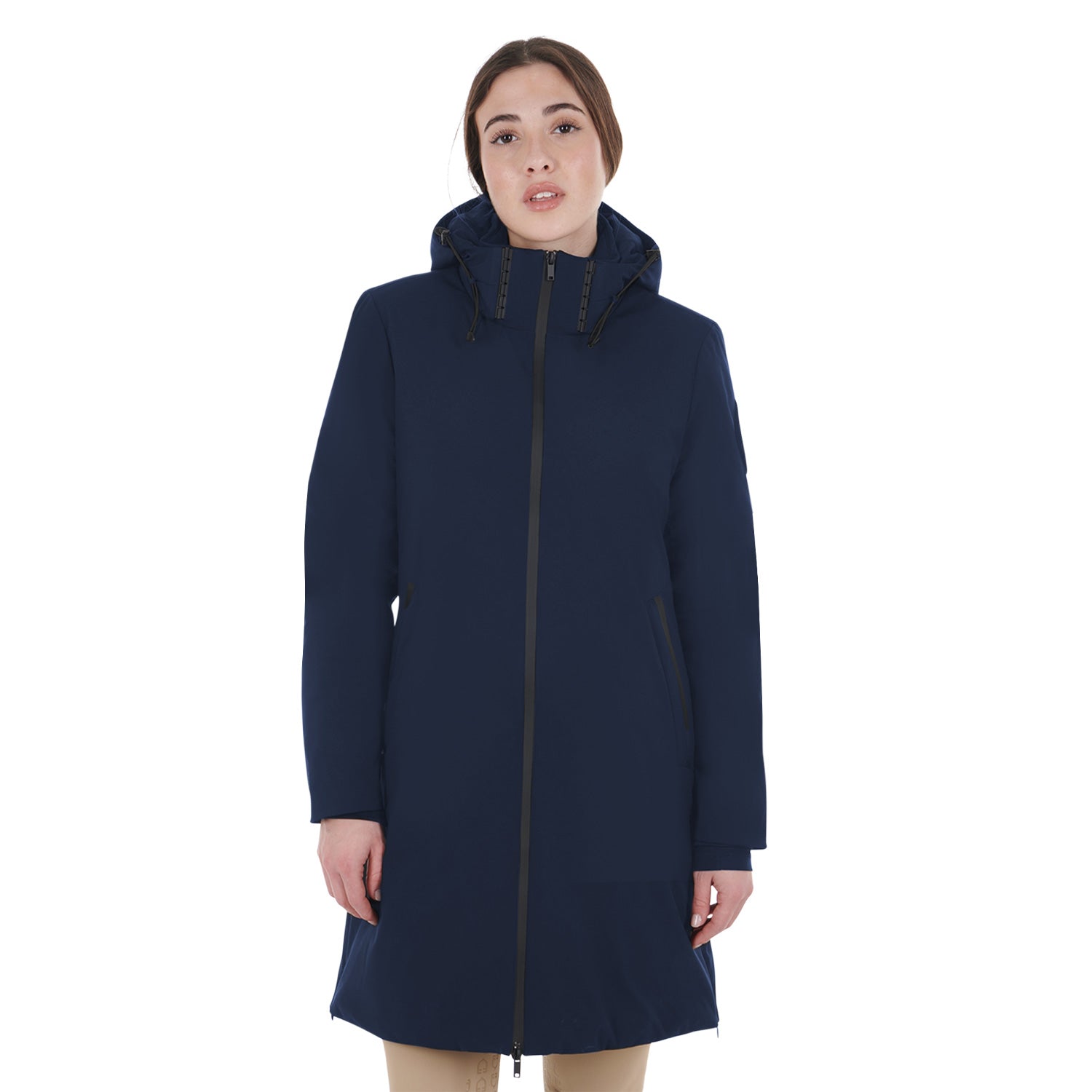 Equestro women’s water-repellent and windproof riding jacket with hoodie navy