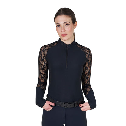 Equestro Lace Long Sleeve Training Polo Shirt for women in black