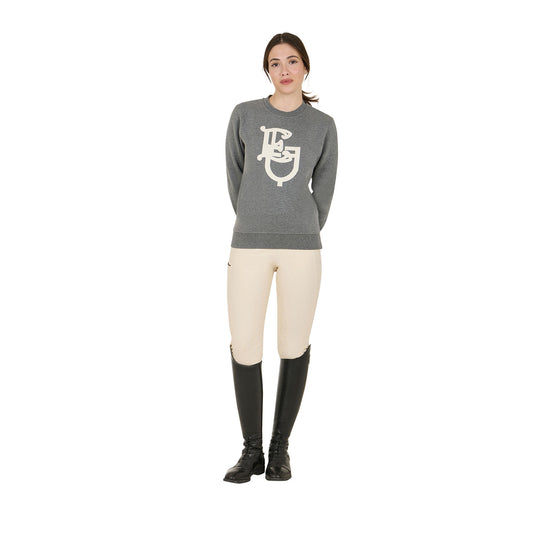 Equestro ladies cotton riding sweatshirt with contrast ribbed details grey