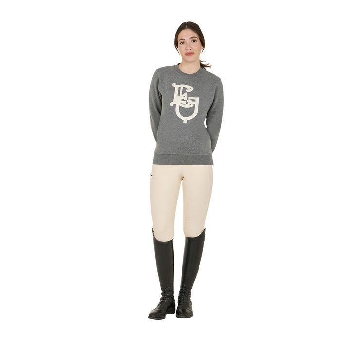 Equestro ladies cotton riding sweatshirt with contrast ribbed details grey