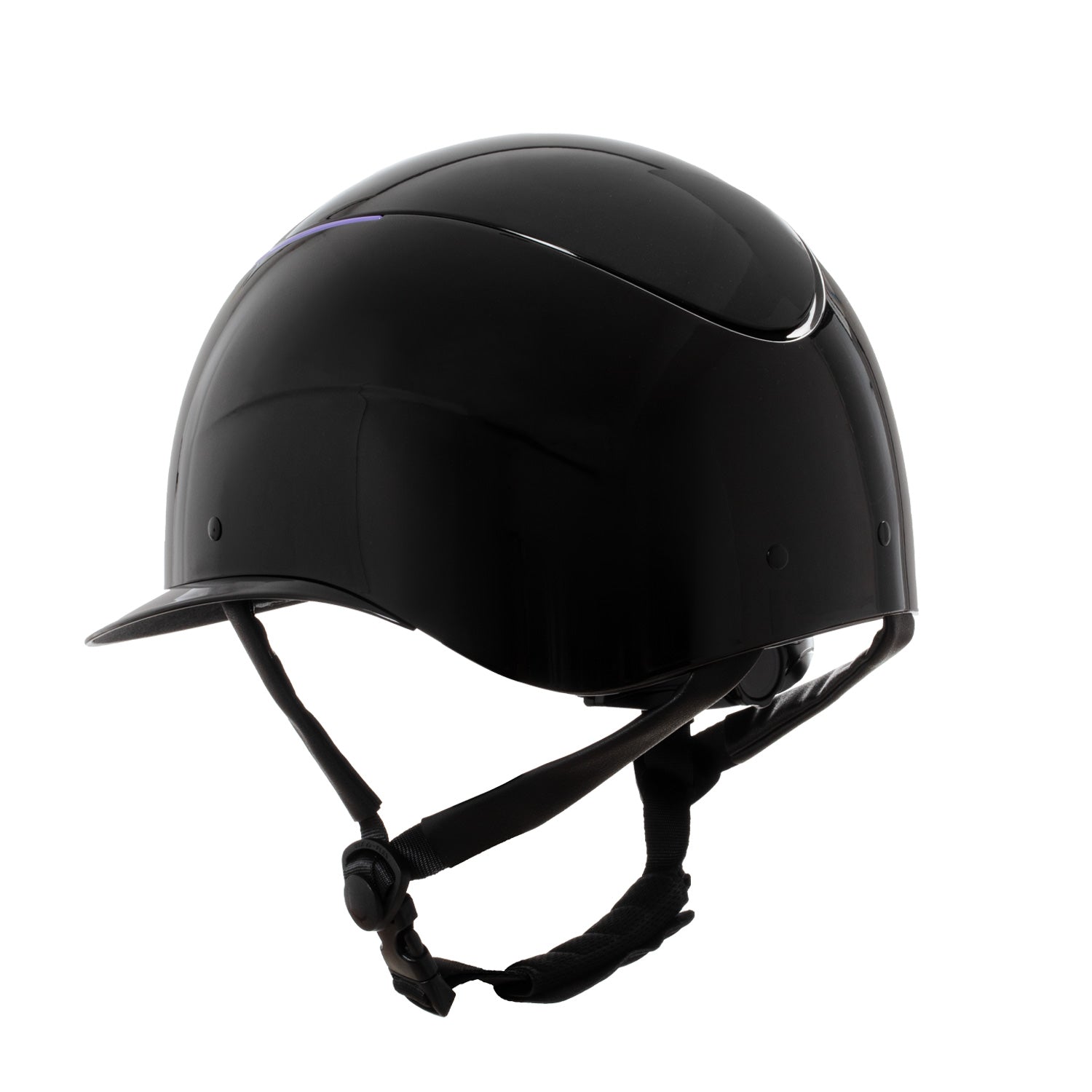 Shiny black riding helmet with purple details